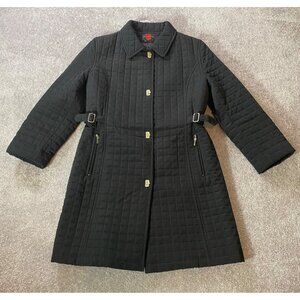 Gallery Quilted Black Jacket 36" Long Coat Belted Waist Medium